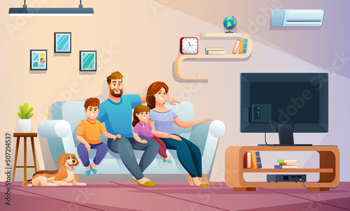 Happy family watching television together in living room. Family illustration concept in cartoon style