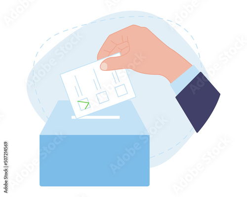 Vote ballot box. The man puts his paper voice in the box. Election concept. Democracy and freedom of choice. Vector illustration
