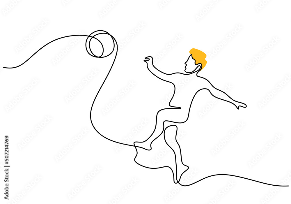 Obraz premium One continuous single line of boy does bicycle kick with ball isolated on white background.