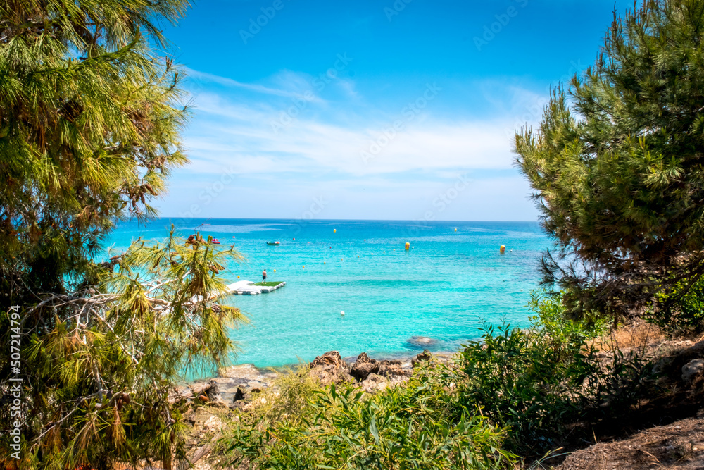 Summer landscape on Konnos beach in Cyprus. View of the turquoise sea through the branches of trees