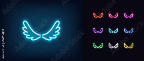 Outline neon wing icon. Glowing neon Bird wings silhouette in cartoon style, angel wings pictogram. Flight and freedom