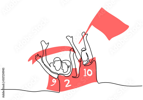 One continuous single line of football supporter bring flag and banner isolated on white background.