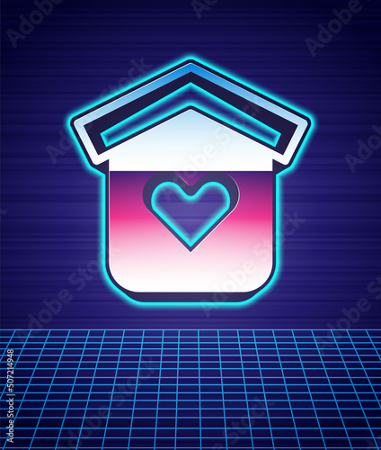 Retro style Shelter for homeless icon isolated futuristic landscape background. Emergency housing, temporary residence for people, bums and beggars without home. 80s fashion party. Vector