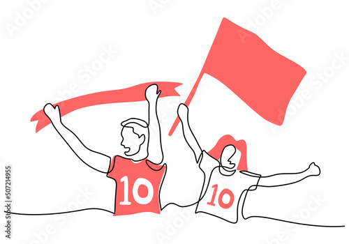 One continuous single line of football supporter bring flag and banner isolated on white background.