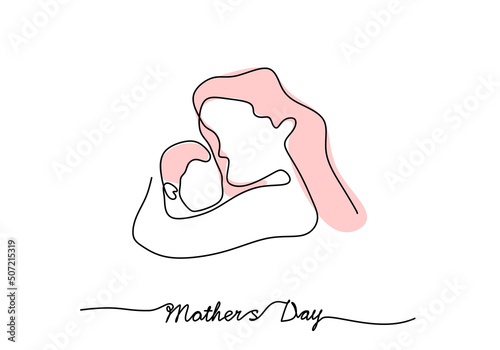 One continuous single line of mother carry her child for mother day isolated on white background.