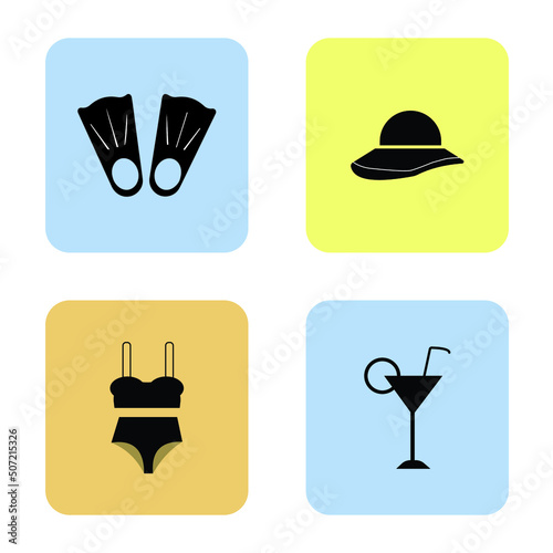 4 colored background summer icons : flippers, hat, swimsuit, glass of drink