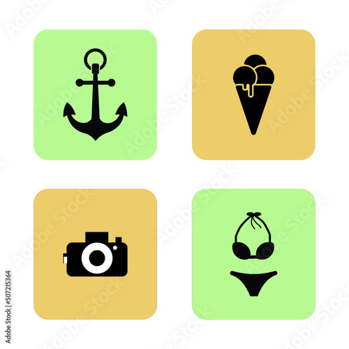 4 colored background summer icons: anchor, ice cream, camera, swimsuit
