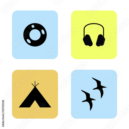 4 colored background summer icons: lifebuoy, headphones, tent, seagulls birds