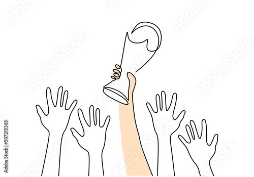 One continuous single line of hand lifting cup for world cup isolated on white background.
