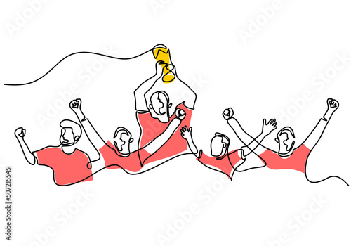 One continuous single line of football team lifting cup isolated on white background.