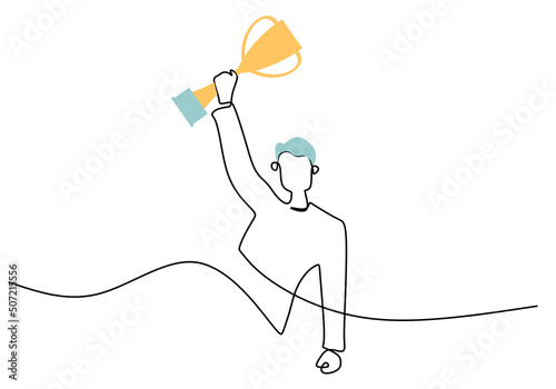 One continuous single line of man bring trophy for world cup isolated on white background.