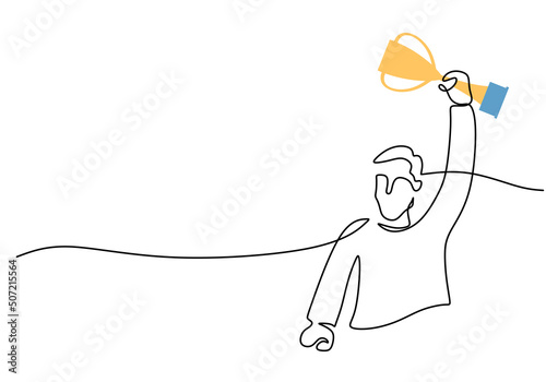 One continuous single line of man bring trophy for world cup isolated on white background.