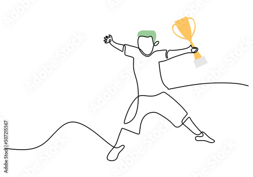 One continuous single line of man jump bring trophy for world cup isolated on white background.