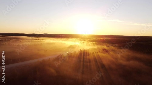 Sun-rays in morning fog and pinetree Eeyou Istchee Baie-James Quebec Canada photo