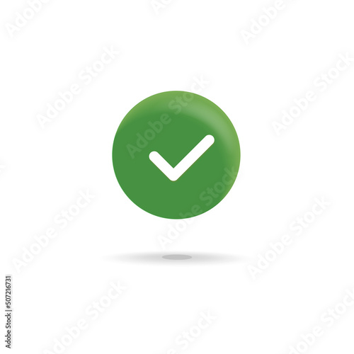 Vector green 3d check mark round symbol icon. Cute 3d realistic render illustration. Right, accepted  and ok sing button.