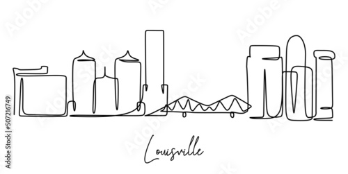 Single continuous line drawing of city skyline Louisville United States. Famous city for wall decor print. World travel concept. Editable stroke modern one line draw design vector illustration