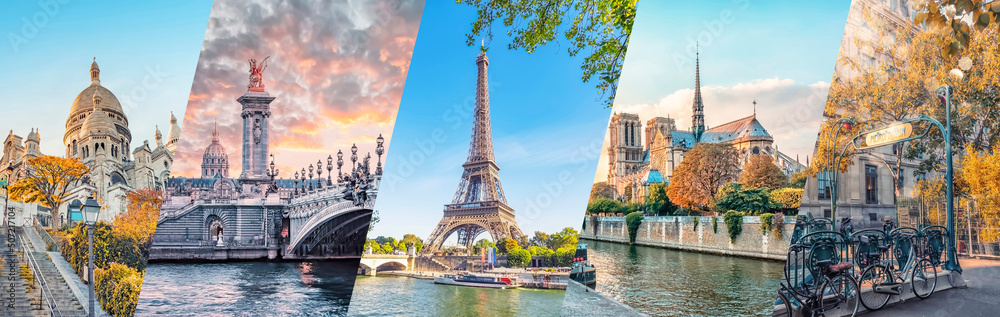 Paris City's famous landmarks collage - obrazy, fototapety, plakaty 