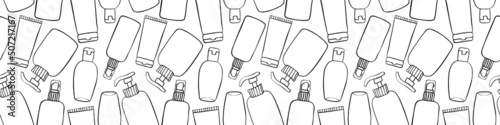 Vector seamless pattern of different outline bottles, tubes, flacons, cosmetic products in doodle style. Texture on theme beauty industry, skin care, hygiene products, toiletries