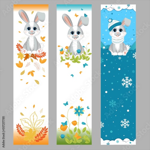 Set of vector bookmarks. Cute little rabbit (hare) in different seasons.