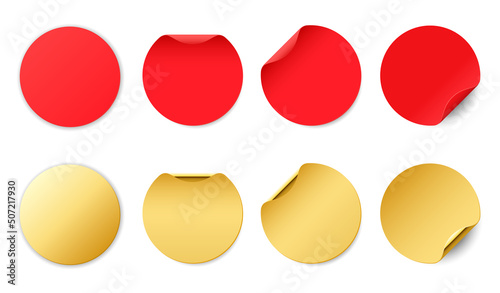 Set of red and gold round glued stickers. Blank round paper label template with curled corners.