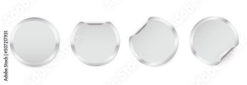 Set of metal round glued stickers. Blank round paper label template with curled corners.