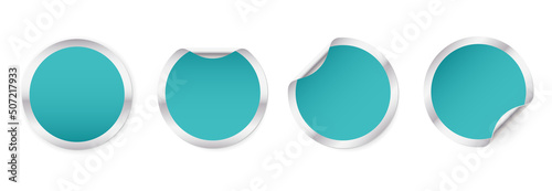Set of metallic round glued stickers with a blue circle. Blank round paper label template with curled corners.