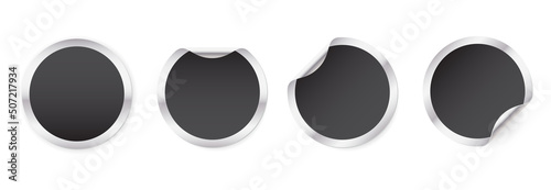Set of metallic round glued stickers with a black circle. Blank round paper label template with curled corners.