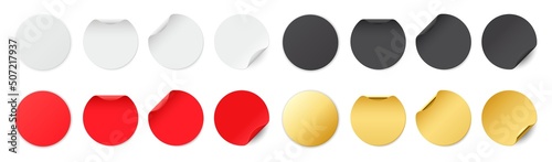 Set of colored round glued stickers. Blank round label template with curled corners.