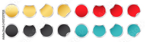 Set of metal round glued stickers. Blank round label template with curled corners.