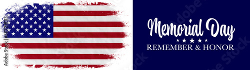 USA Memorial Day background banner panorama greeting card - American flag, Memorial Day text with lettering "Remember and Honor". Hand drawn lettering typography design calligraphic illustration