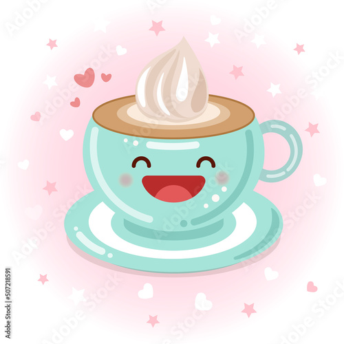 Cute cup of coffee with cream. Vector icon illustration. Sticker cartoon logo. Food  concept.  Flat cartoon style suitable for web landing page, banner, sticker, background. Kawaii cup of coffee.