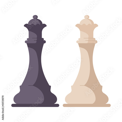Black and white chess pieces, queen. Modern figures of boardgame. Chess figures for strategy board game, leisure activity, mind sport. Flat vector illustration isolated on white background