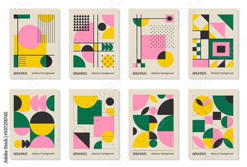 Set of 8 minimal vintage 20s geometric design posters, wall art, template, layout with primitive shapes elements. Bauhaus retro pattern background, vector abstract circle, triangle and square line art