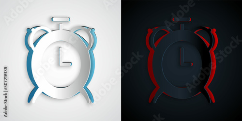 Paper cut Alarm clock icon isolated on grey and black background. Wake up, get up concept. Time sign. Paper art style. Vector