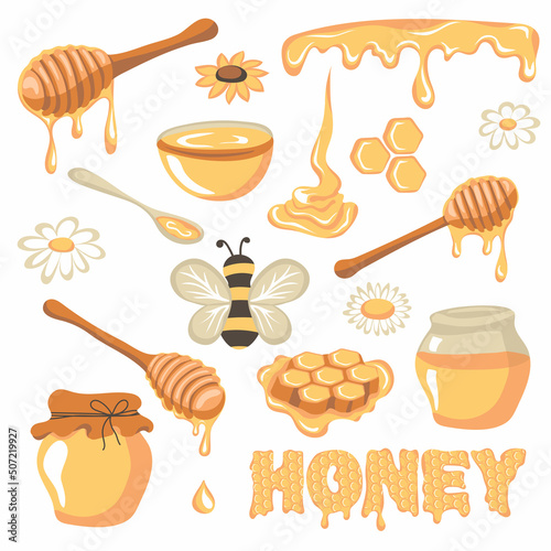 Honey set. Isolated hand drawn bee, flowers, honeycomb, dipper, jar. Organic honey product drawing collection. Beekeeping, apiculture  concept. Vector illustration
Honey set. Isolated hand drawn bee, 