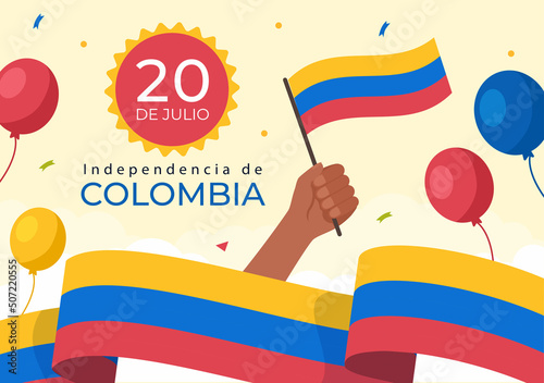 20 De Julio independencia De Colombia Cartoon Illustration with Flags and Balloons for Poster Style Design