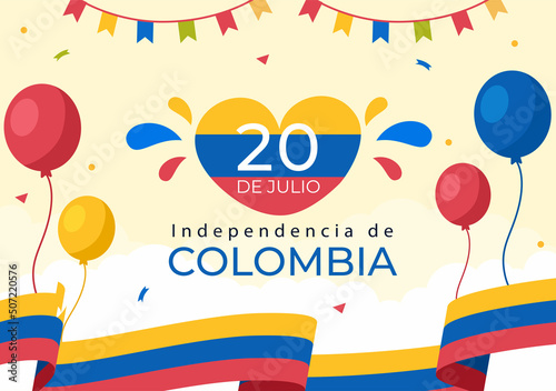 20 De Julio independencia De Colombia Cartoon Illustration with Flags and Balloons for Poster Style Design