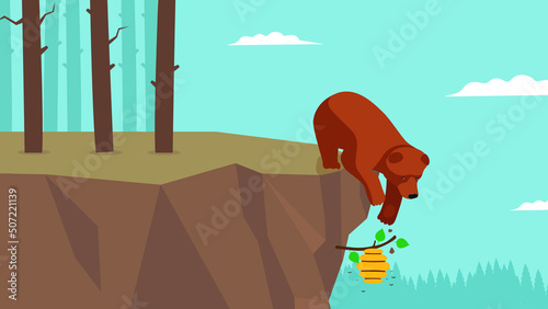 A bear on a cliff climbs into a bee hive