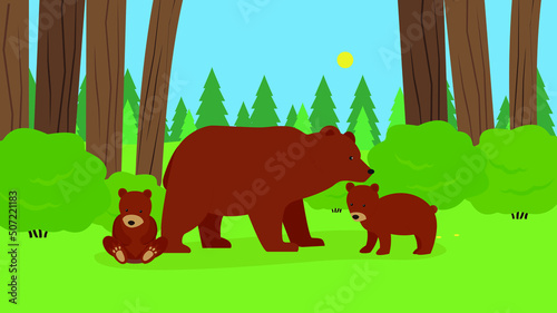 Bear and two cubs in a forest clearing