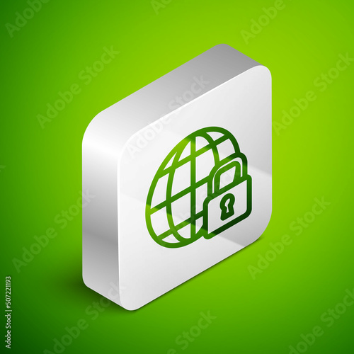 Isometric line Global lockdown - locked globe icon isolated on green background. Silver square button. Vector
