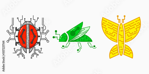 set of insect tech logo concept. ladybug, grasshopper and butterfly. animal, unique, flat, and modern style. red, green and yellow. suitable for logo, icon, symbol and sign. such as antivirus logo