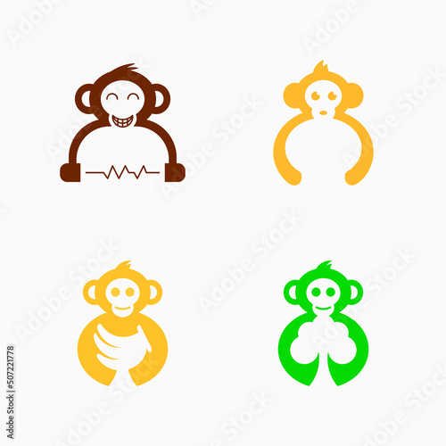 set of monkey logo concept. combination with earphone, banana and tree. simple, minimalist, negative space, modern, line and clean style. suitable for logo, icon, symbol and sign
