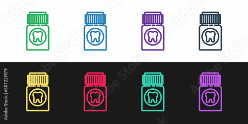 Set line Toothache painkiller tablet icon isolated on black and white background. Tooth care medicine. Capsule pill and drug. Pharmacy design. Vector