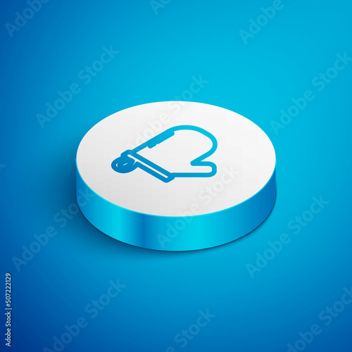 Isometric line Oven glove icon isolated on blue background. Kitchen potholder sign. Cooking glove. White circle button. Vector