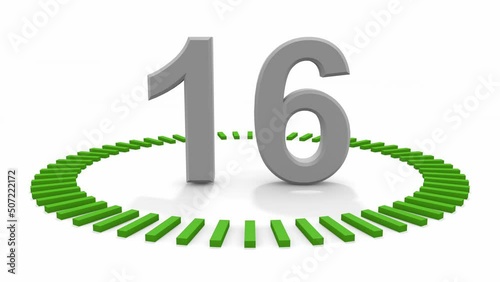 Countdown 20 seconds. 20 to 0 seconds. 4k size animation. It glows green 60 times. White background.