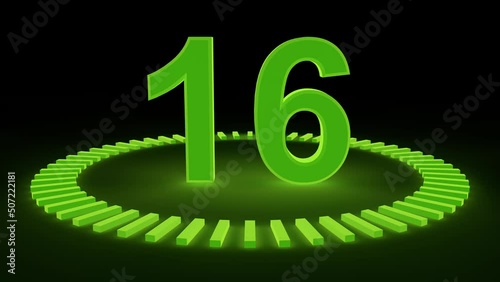 Countdown 20 seconds. 20 to 0 seconds. 4k size animation. It glows green 60 times. Black background.