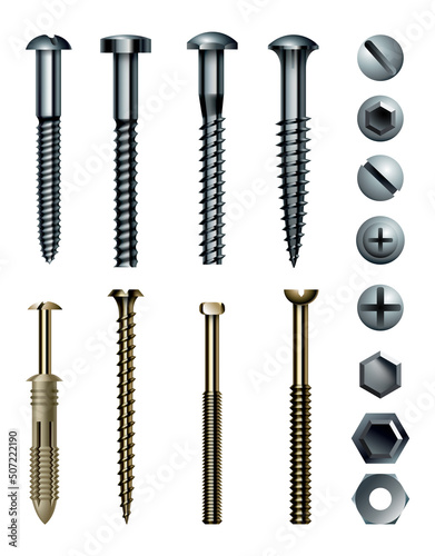 Set of metal screw, bolt and rivet heads. Collection of different industrial or DIY elements. Isolated realistic illustration
