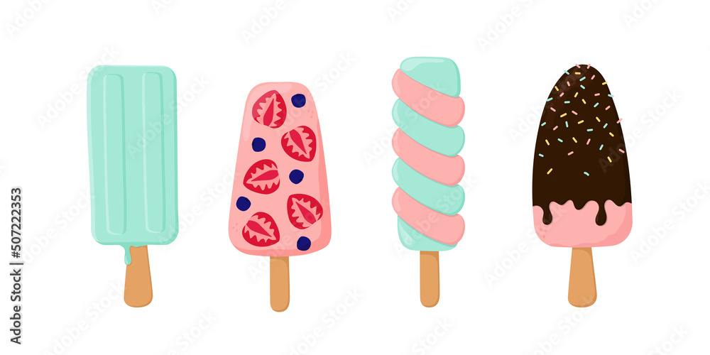 Set of various popsicles. Can be used for poster, print, cards and clothes decoration, for food design and ice cream shop logo. Set of various popsicles. Can be used for poster, print, cards and clothes decoration, for food design and ice cream shop logo.