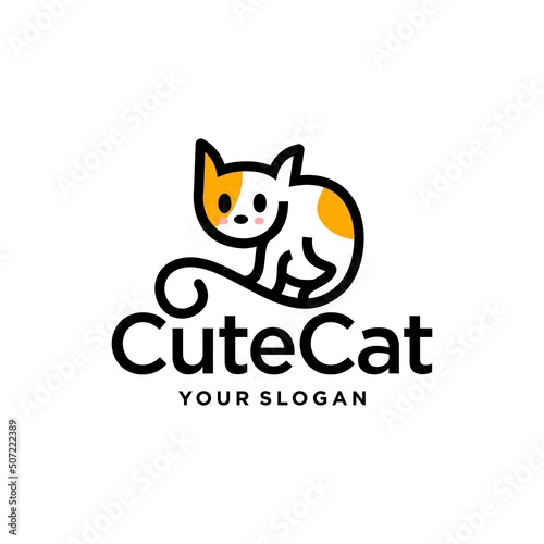 little cat logo design. Cute cartoon logo mascot of white and yellow kitten in outline line style illustration logo vector design.