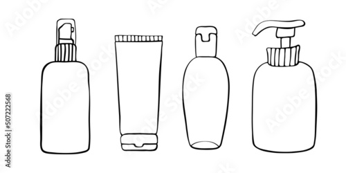 Vector set of different outline bottles, tubes, flacons, cosmetic products in doodle style. Cliparts, outline icons on theme beauty industry, skin care, hygiene products, toiletries